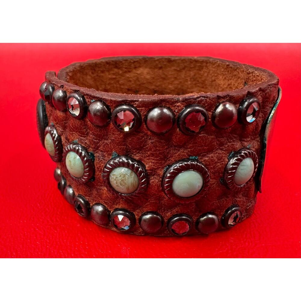 The Rowdy Cowgirl Leather Turquoise Rhinestone Classy Sassy Cuff Bracelet NWT - Picture 5 of 15